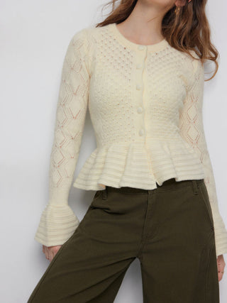 Knit Pointelle Bell Sleeve Peplum Ruffle Hem Cardigan