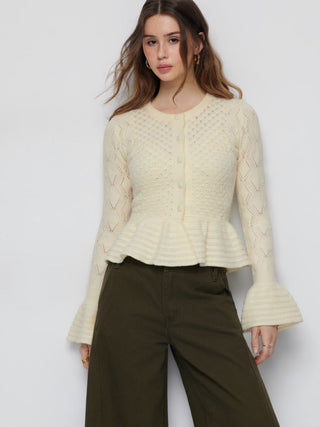 Knit Pointelle Bell Sleeve Peplum Ruffle Hem Cardigan