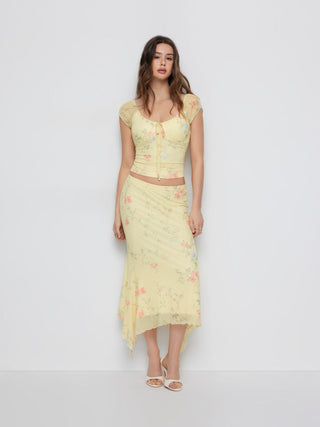 Mesh Floral Ruched Tie Front Top & Mid Rise Maxi Skirt Set