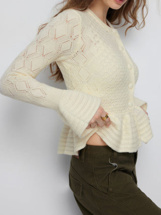 Knit Pointelle Bell Sleeve Peplum Ruffle Hem Cardigan