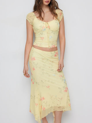 Mesh Floral Ruched Tie Front Top & Mid Rise Maxi Skirt Set