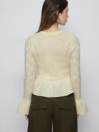 Knit Pointelle Bell Sleeve Peplum Ruffle Hem Cardigan