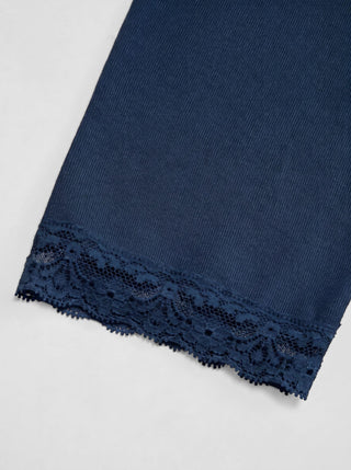 V-neck Middle Sleeve Lace Trim Tie Front Top