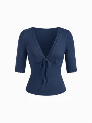 V-neck Middle Sleeve Lace Trim Tie Front Top