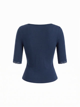 V-neck Middle Sleeve Lace Trim Tie Front Top