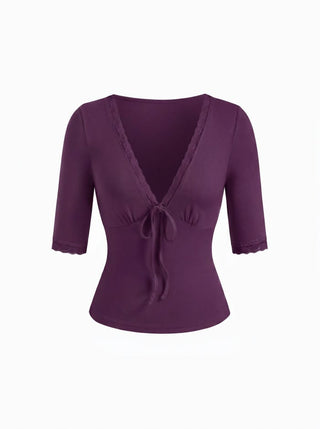 V-neck Middle Sleeve Lace Trim Tie Front Top