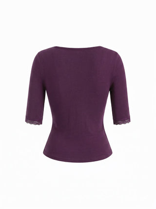 V-neck Middle Sleeve Lace Trim Tie Front Top