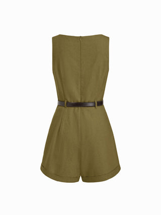 Linen-blend Boat Neck Mid Rise Romper With Belt