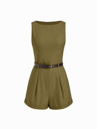 Linen-blend Boat Neck Mid Rise Romper With Belt