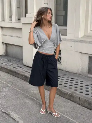 V-neck Batwing Sleeve Ruched Slim Tee