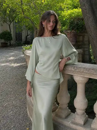 Satin Boat Neck Bell Sleeve Asymmetrical Blouse
