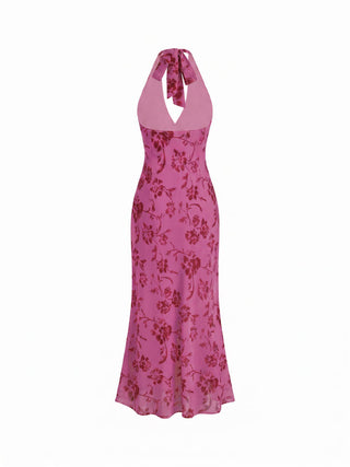 Chiffon Sweetheart Floral Backless Tie Back Mermaid Maxi Dress