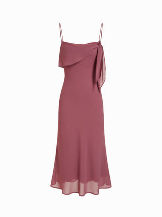 Chiffon Asymmetrical Neck Twist Knotted A-line Midi Dress