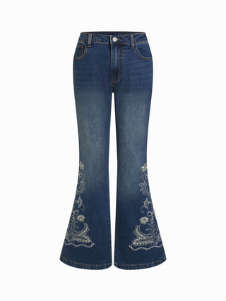 Stretch Denim Floral Embroidery High Rise Flared Trousers