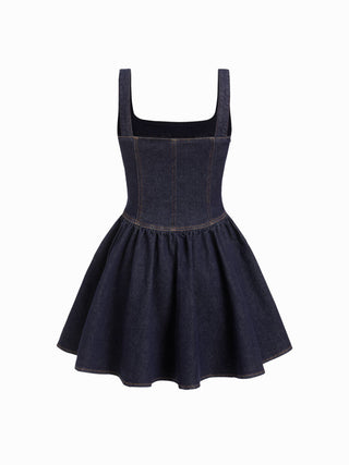 Denim Washed Square Neck Ruffled A-line Mini Dress