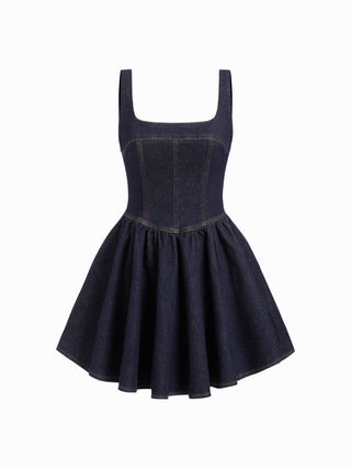 Denim Washed Square Neck Ruffled A-line Mini Dress