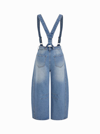 Denim Washed Low Rise Ruched Metal Detail Barrel-leg Cropped Overalls