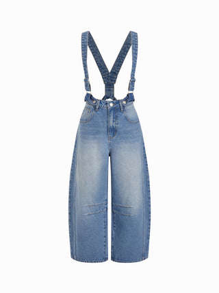Denim Washed Low Rise Ruched Metal Detail Barrel-leg Cropped Overalls