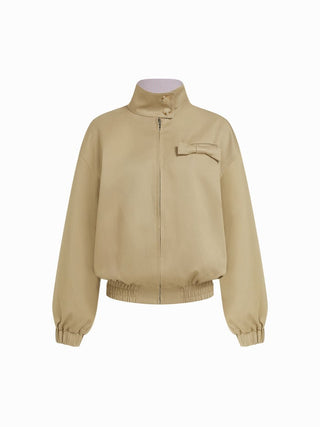 Cotton-blend Turtleneck Lantern Sleeve Bowknot Two Way Oversized Jacket