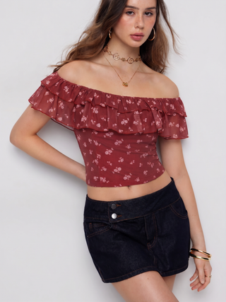 Ditsy Floral Off-shoulder Ruffle Sleeve Slim Blouse