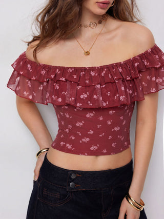 Ditsy Floral Off-shoulder Ruffle Sleeve Slim Blouse