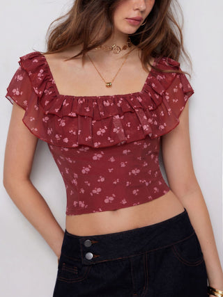 Ditsy Floral Off-shoulder Ruffle Sleeve Slim Blouse