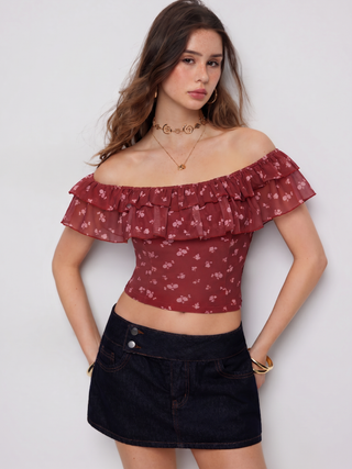 Ditsy Floral Off-shoulder Ruffle Sleeve Slim Blouse