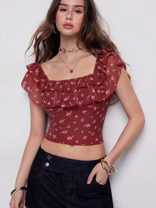 Ditsy Floral Off-shoulder Ruffle Sleeve Slim Blouse