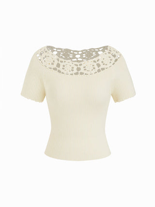 Knit Asymmetrical Neck Short Sleeve Hollow Out Top