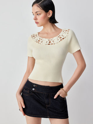 Knit Asymmetrical Neck Short Sleeve Hollow Out Top