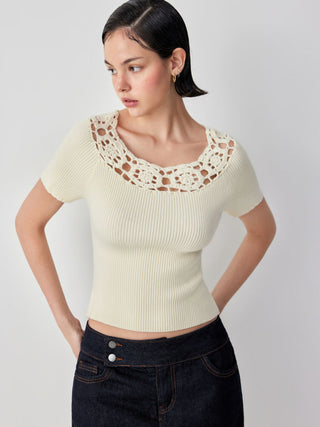 Knit Asymmetrical Neck Short Sleeve Hollow Out Top