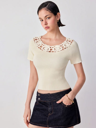 Knit Asymmetrical Neck Short Sleeve Hollow Out Top