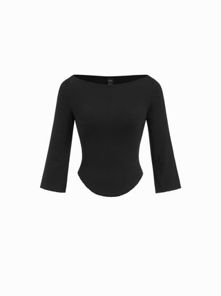 Knit Fabric Boat Neck Curved-Hem 3/4 Long Sleeve Tee