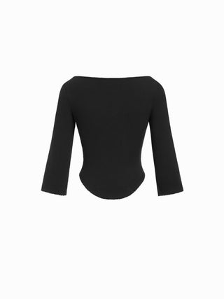 Knit Fabric Boat Neck Curved-Hem 3/4 Long Sleeve Tee