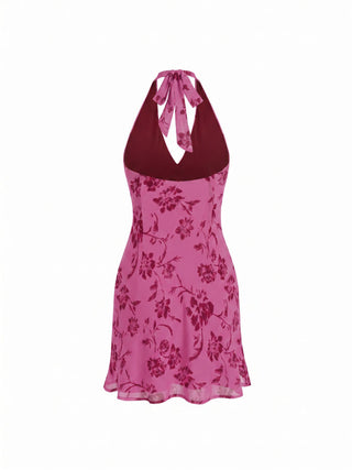 Chiffon Floral Halter Neckline Backless Mermaid Mini Dress