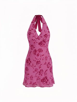 Chiffon Floral Halter Neckline Backless Mermaid Mini Dress