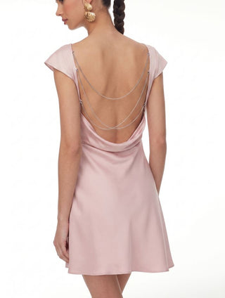 Satin Boat Neck Ruffle Sleeve Backless Mini Dress with Chain