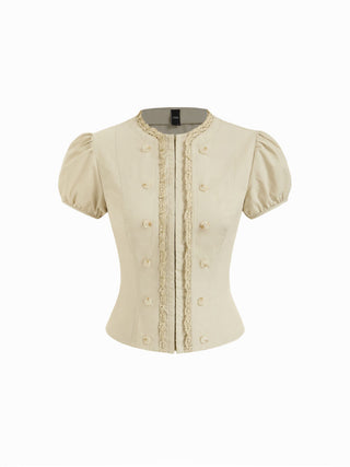 Cotton Puff Sleeve Lace Panel Blouse