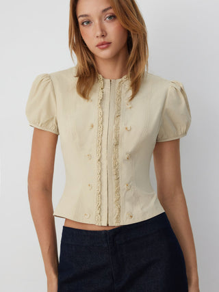 Cotton Puff Sleeve Lace Panel Blouse