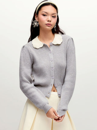 Knit Colorblock Peter Pan Collar Ruched Cardigan