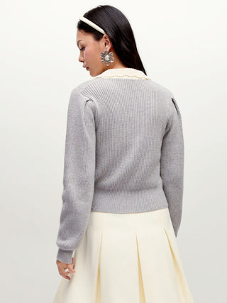 Knit Colorblock Peter Pan Collar Ruched Cardigan