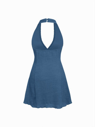 Textured Halter Neck Lace Trim A-line Mini Dress