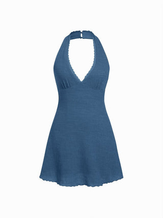 Textured Halter Neck Lace Trim A-line Mini Dress