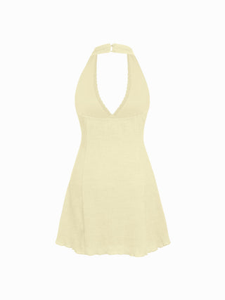 Textured Halter Neck Lace Trim A-line Mini Dress