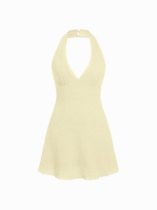 Textured Halter Neck Lace Trim A-line Mini Dress