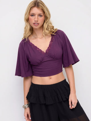 Linen-blend V-neck Lace Trim Cloak Sleeve Crop Blouse