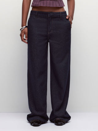 Denim Low Rise Washed Metal Detail Wide Leg Jeans