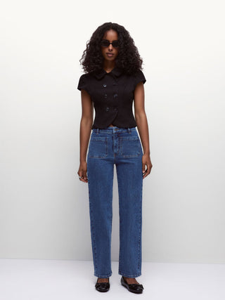 Stretch Denim Mid Rise Washed Metal Detail Straight Leg Jeans