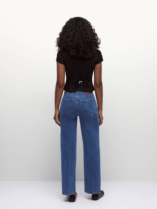 Stretch Denim Mid Rise Washed Metal Detail Straight Leg Jeans