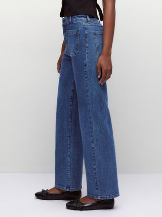 Stretch Denim Mid Rise Washed Metal Detail Straight Leg Jeans
